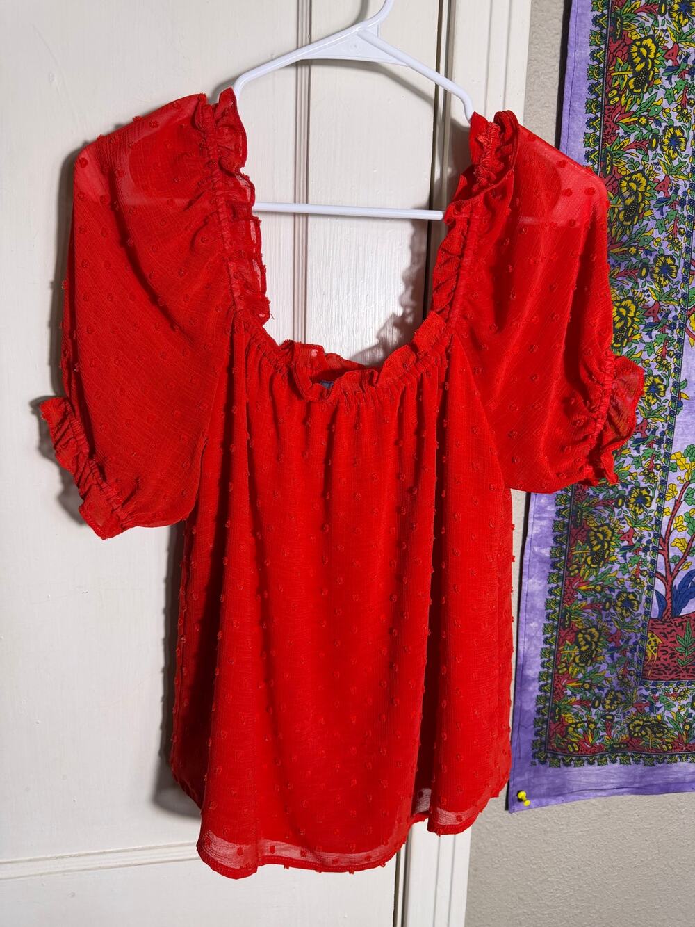 CeCe Red Swiss Dot Blouse XS Puff Sleeve Ruffle Square Neck Romantic Top